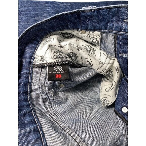 Rock and Republic Taylor Button Fly Jeans 38x28 Bootcut Blue Embroidered Wings - Picture 10 of 12